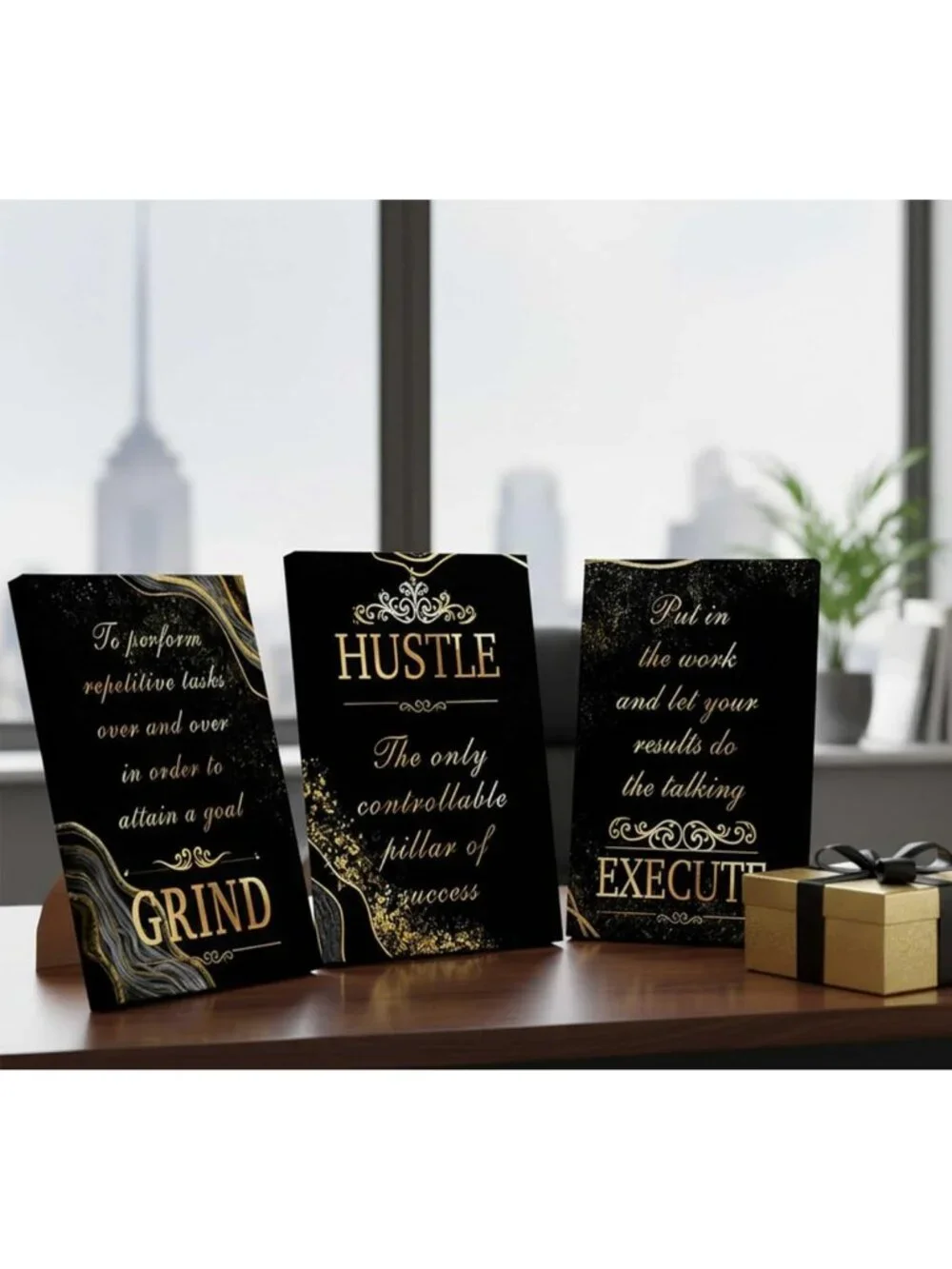 Set of 3 Black & Gold Inspirational Canvas Wall Art for Office Decor
